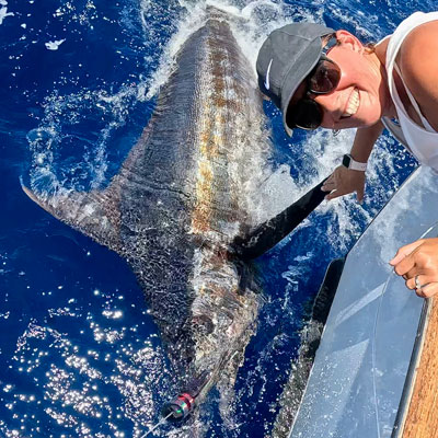 Blue Marlin next to the boat after angler reeled her in on High Flier Sportfishing boat in Kona, Hawaii